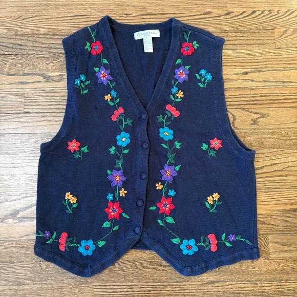 Victoria Jones Floral Embroidered Knit Sleeveless Sweater Vest 2X Vintage - Picture 1 of 6